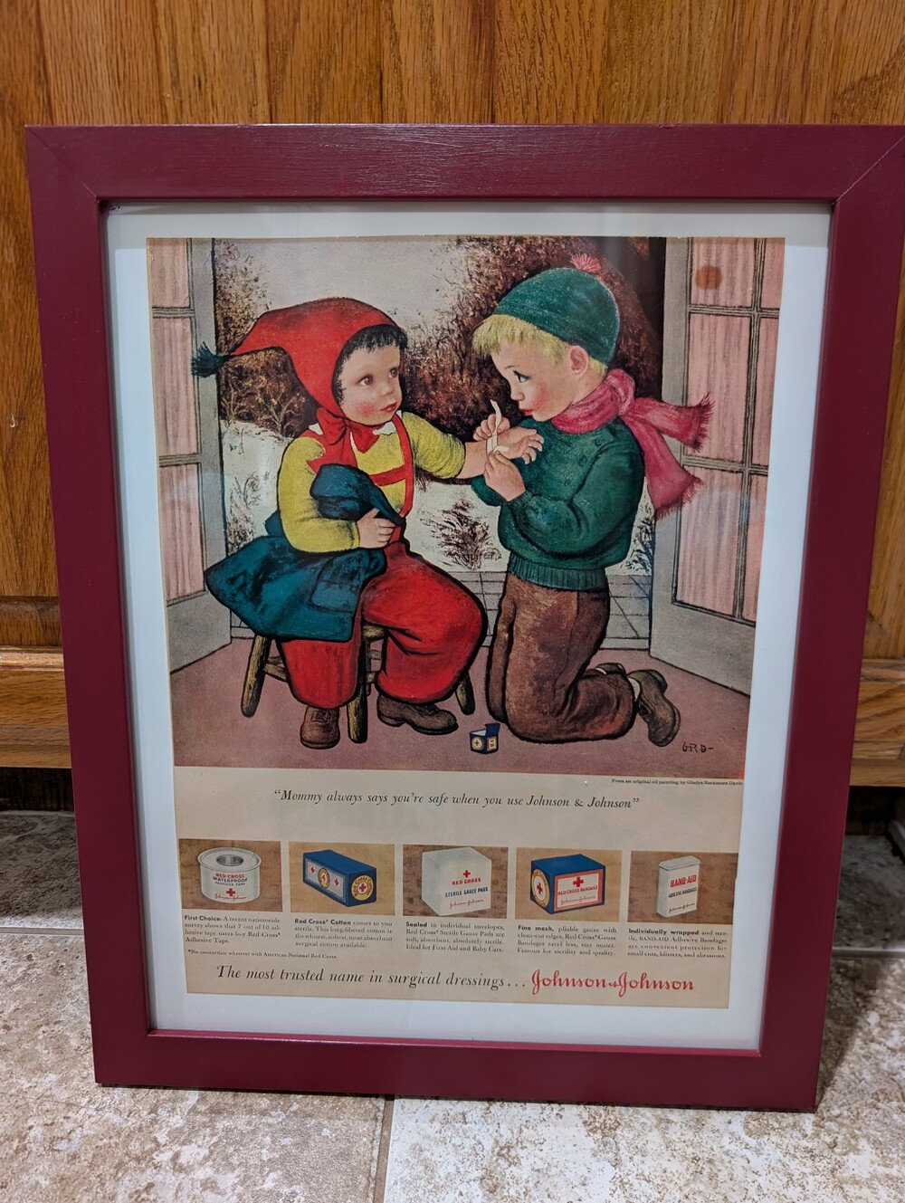 Framed Magazine Johnson & Johnson Ad/ Winter Kids Art by Gladys Rockmore Davis